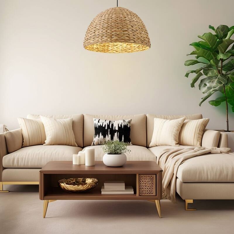1-Light Aged Lantern Pendant Lamp with Natural Rattan Woven Shade