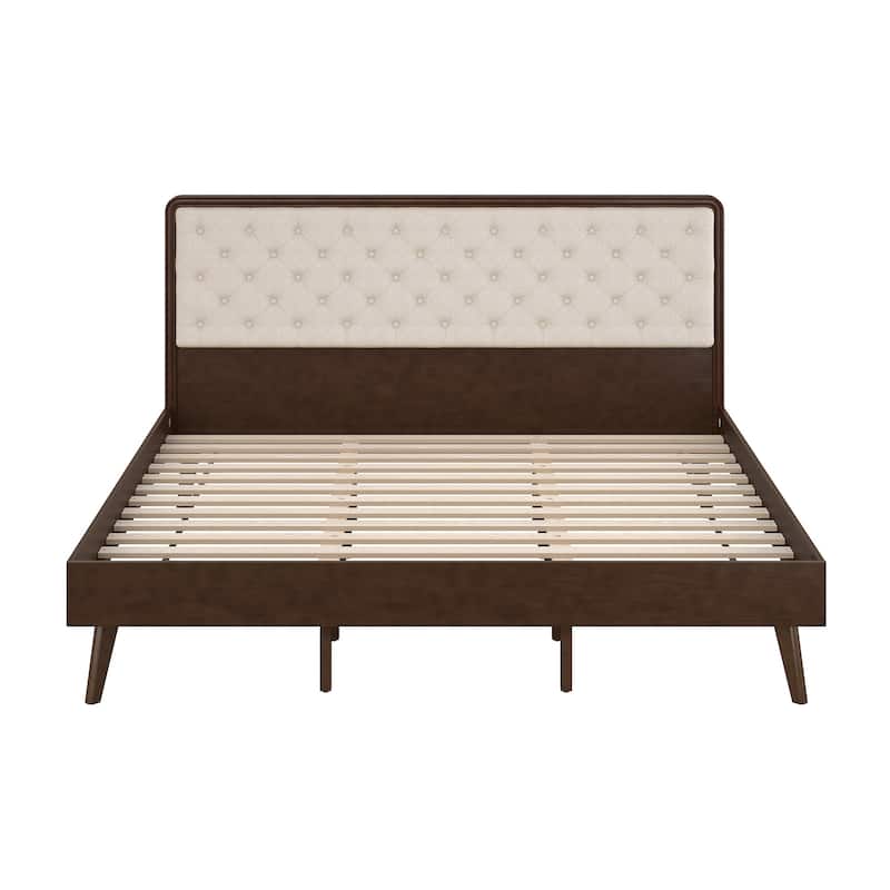 LUE BONA Solid Wood Panel Platform Bed with Button Tufted Headboard, Multi-Size wooden Rustic Bed Frame Bedroom Furniture