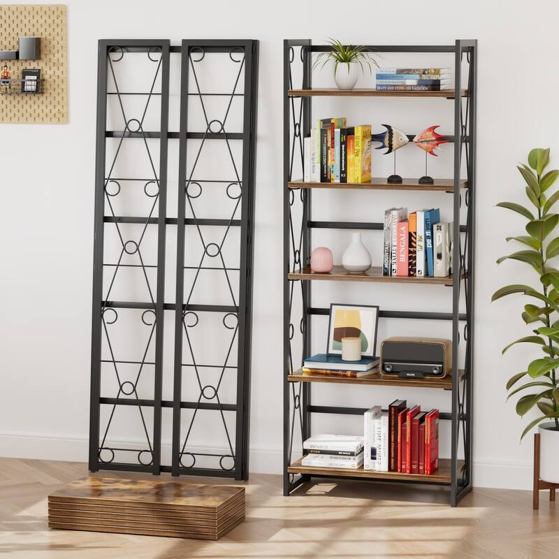 VECELO 62" Foldable 5-Tier Bookshelf Space Saving Tall Open Bookcase with MDF Shelves for Living Room Home Office Kitchen
