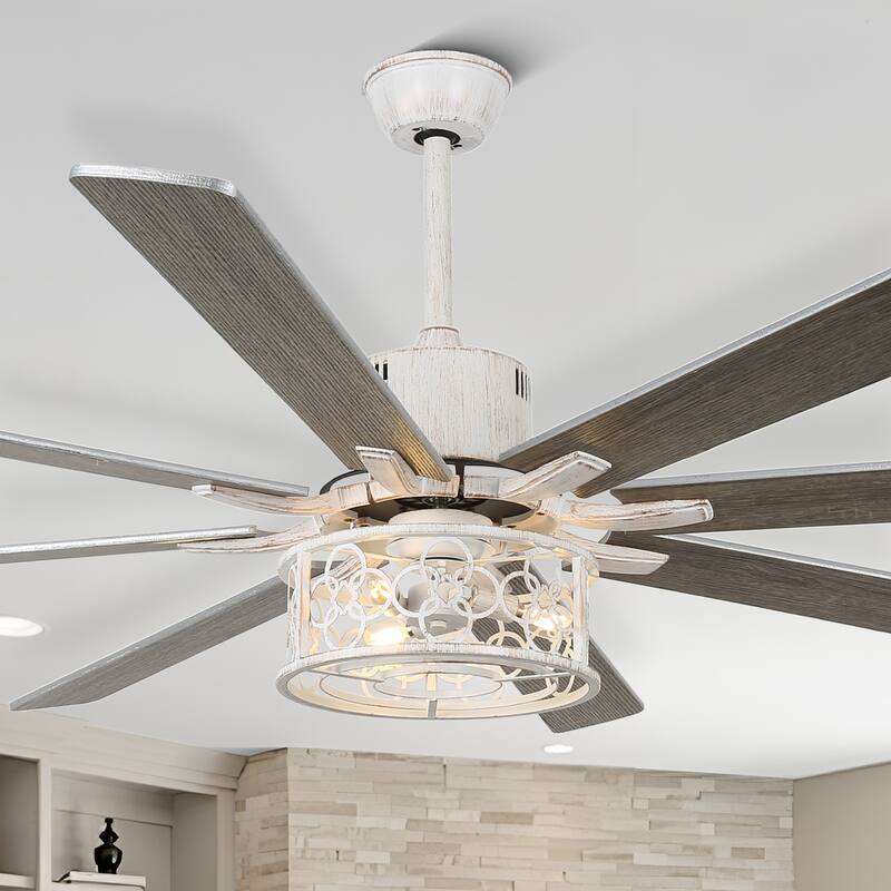 72" Antique Large Ceiling Fan with Light Kit, 8 Wood Blades Ceiling Fan, Quiet DC Motor 6 Speed w/ Remote for Living Room - Off-White