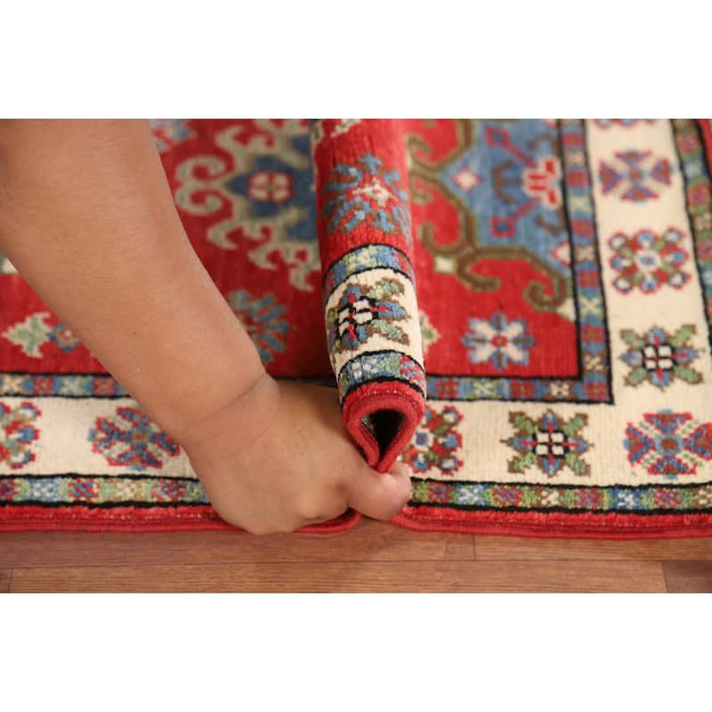 Red Geometric Kazak Oriental Foyer Rug Hand-Knotted Wool Carpet - 1'11" x 3'1"