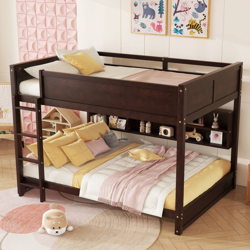 Queen Over Queen Bunk Bed with Built-in Storage Cabinets,Charging Station,Ladder,Safety Guardrails
