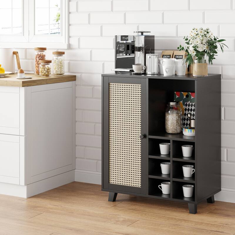 Rossetta 47'' Modern Rattan-Front Door Sideboard Cabinet with Open Shelves and Protective Foot Pads