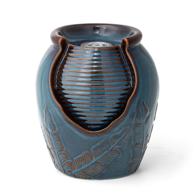Glitzhome 9"H Leaf Textured Ceramic Jar Indoor Tabletop Water Fountain with LED Lights