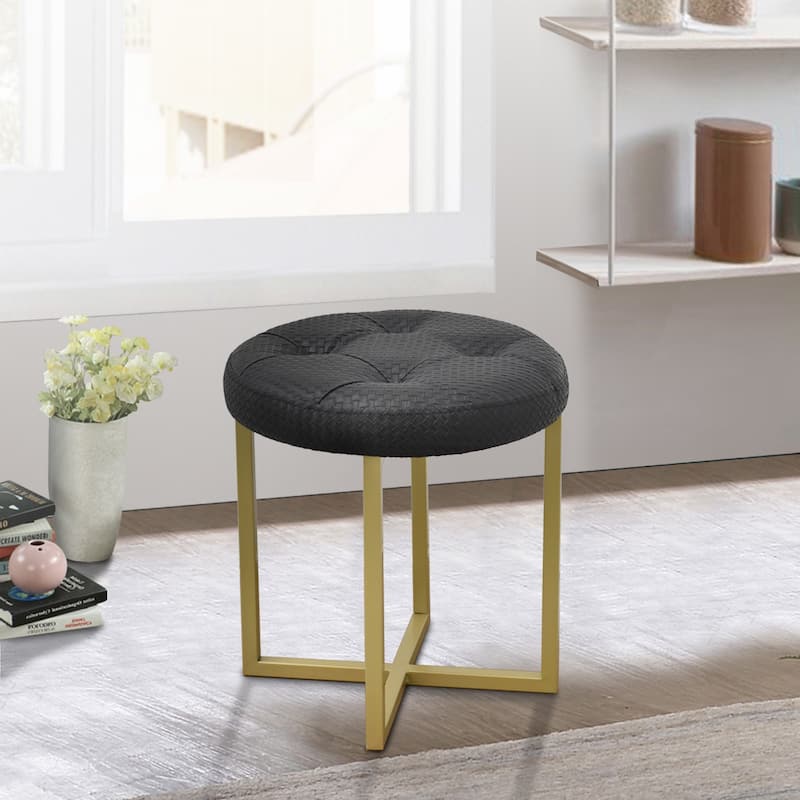 HomeRoots 17" Black Tufted Faux Leather and Gold Stool - 15.5