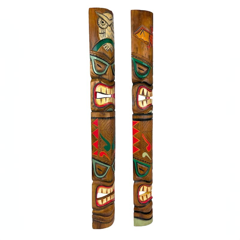 Zeckos Double Tiki Mask Bat & Owl Carved Wall Sculpture (Set Of 2)