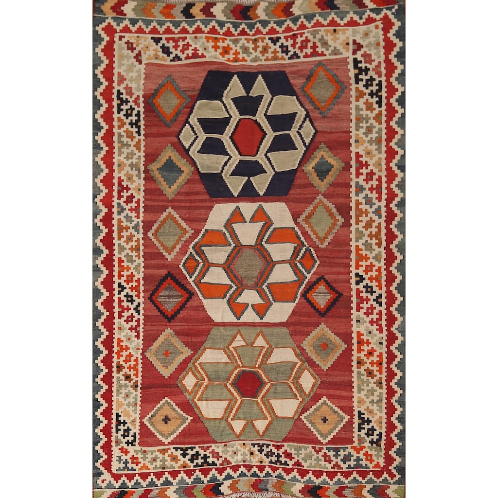 Geometric Kilim Qashqai Nomadic Persian Antique Flatweave Wool Carpet - 4'2"x 6'9"