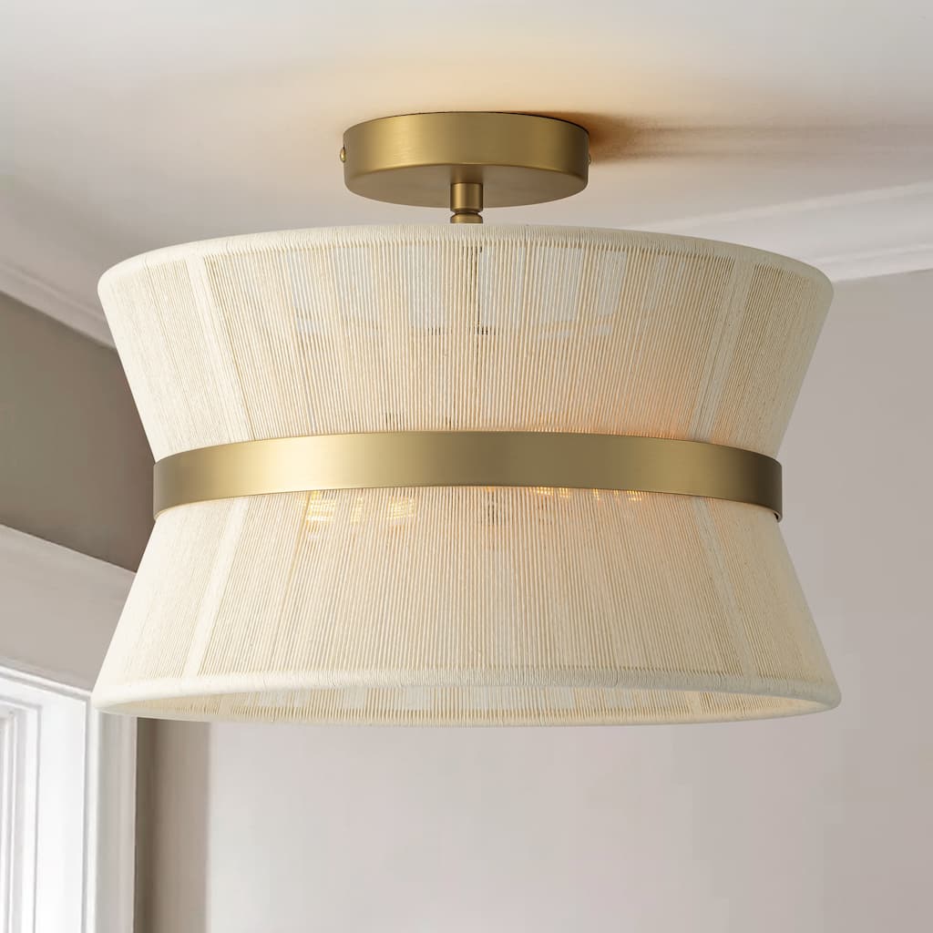 2-Light Farmhouse Modern Gold Drum Tapered Handwoven Rope Semi-Flush Mount Ceiling Light - 13.7 in. W x 11.6 in. H