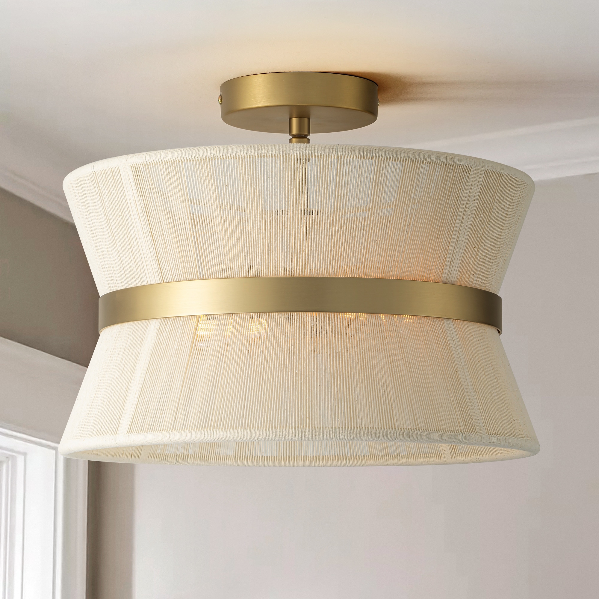 Rennnsan 2-Light Farmhouse Modern Gold Drum Tapered Handwoven Rope Semi-Flush Mount Ceiling Light - 13.7 in. W x 11.6 in. H