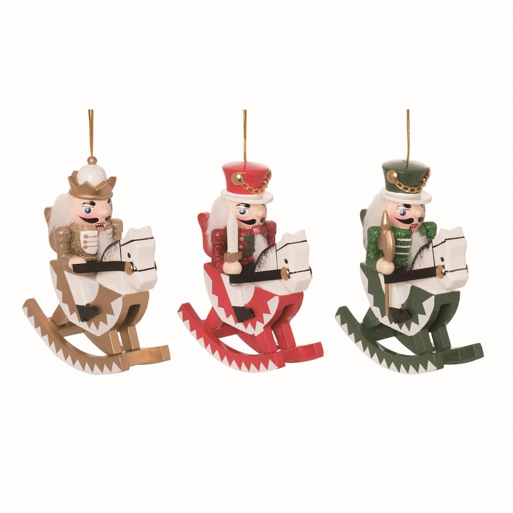 Transpac Wood Multicolor Christmas Rocking Horse Nutcracker Ornaments Set of 3