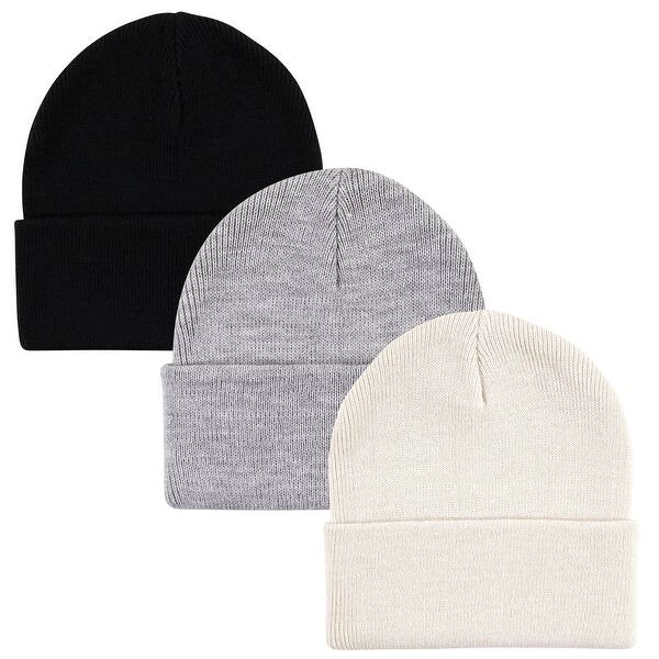 slide 1 of 1, Hudson Baby Unisex Knit Cuffed Beanie 3pk, Cream Black, Infant Toddler - Cream Black Infant Toddler - Cream Black