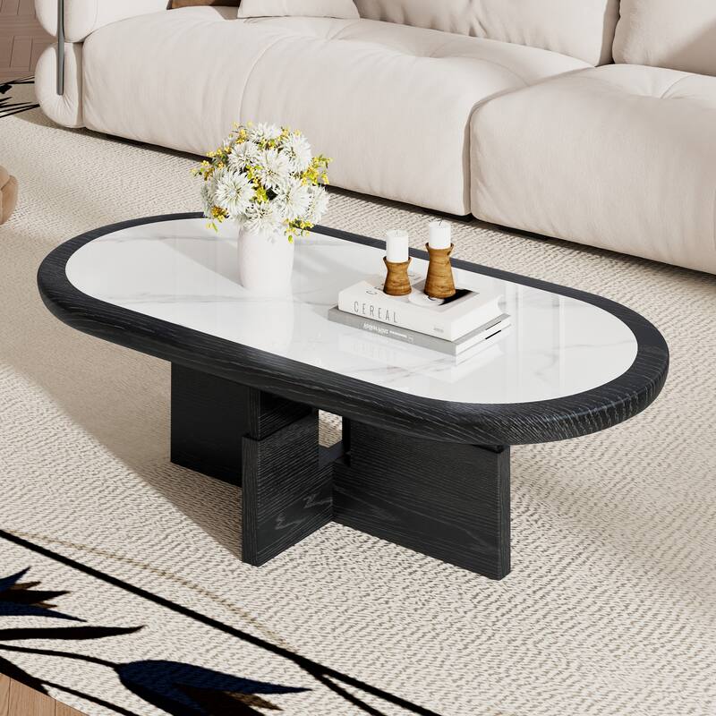 Mid Century 47.24" Oval Coffee Table, Black Solid Wood Veneer with White Glossy Sintered Stone Table top