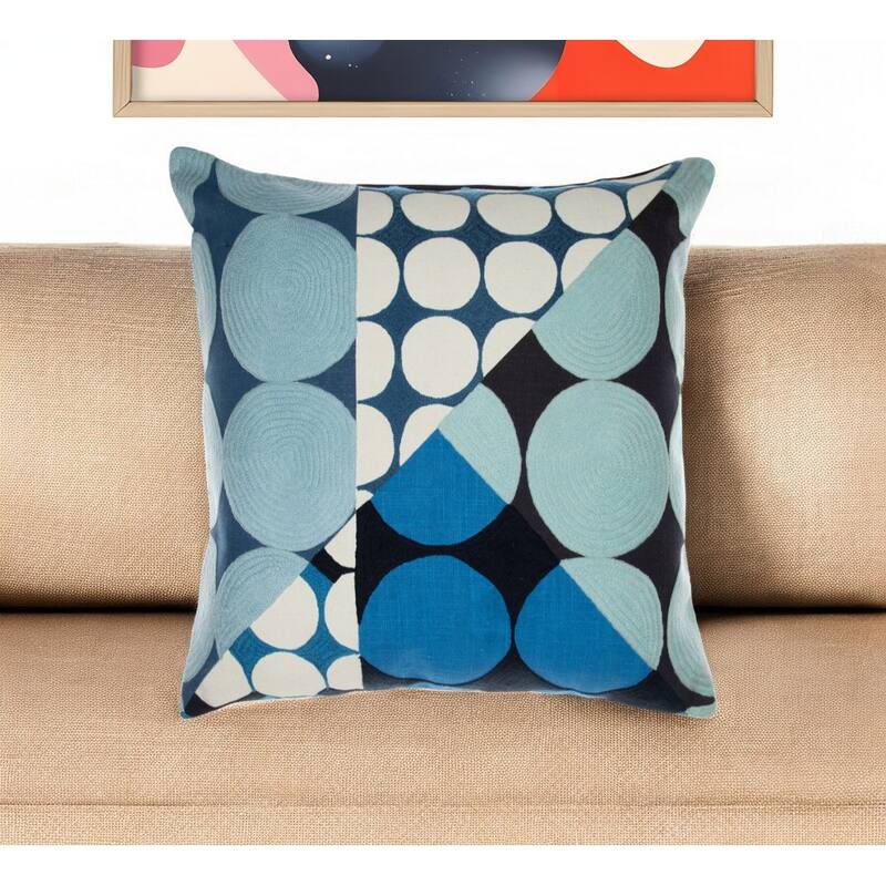 HomeRoots 24" Blue and Ivory Geometric Cotton Throw Pillow With Embroidery - Accent - Polyester