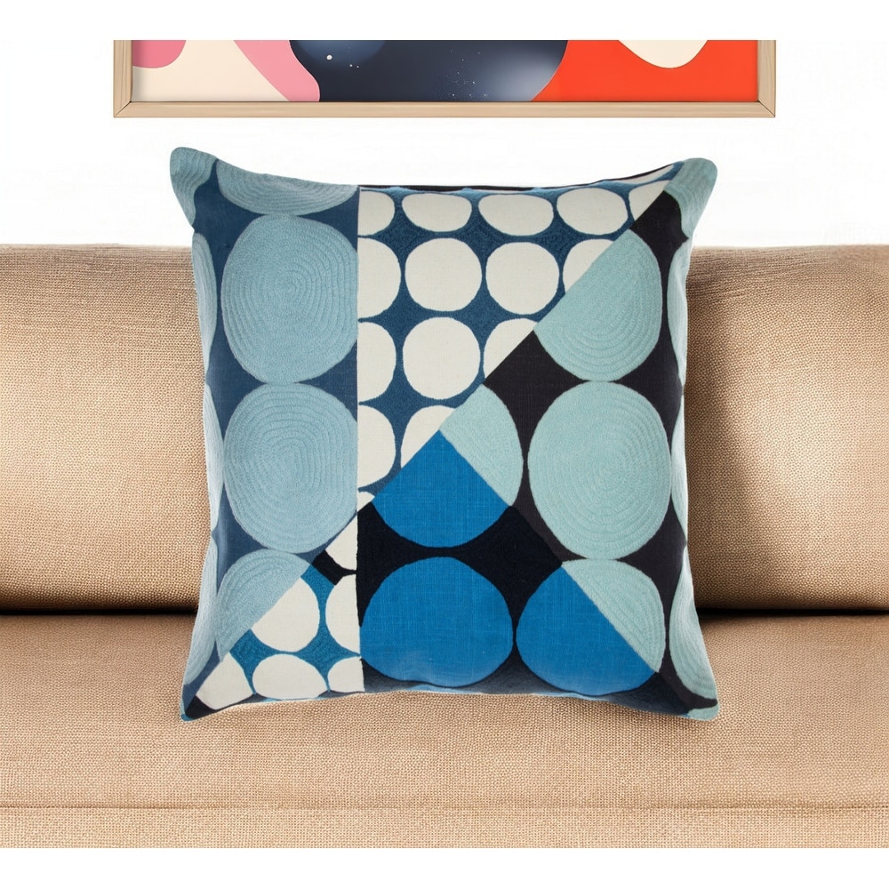 HomeRoots 24" Blue and Ivory Geometric Cotton Throw Pillow With Embroidery