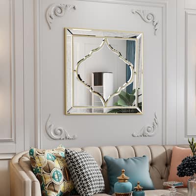 Square Wall Silver Glass Decorative Accent Mirror Golden Rim