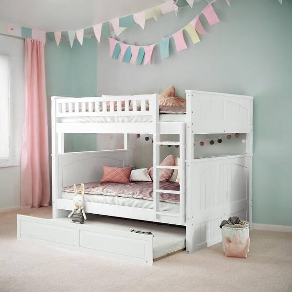 slide 2 of 18, Multi-Functional Design Full Over Full Bunk Bed w/Twin Trundle - Sturdy Pine, Safe Design, Perfect for Kids' Rooms White