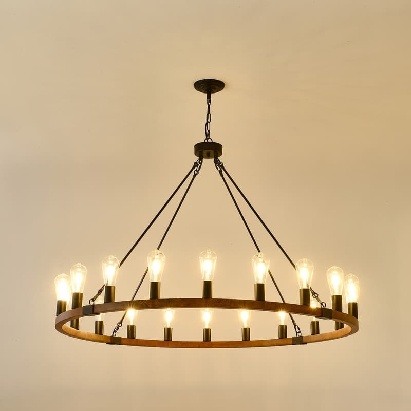 Farmhouse Wagon Wheel Chandelier - Rustic Wood & Metal Adjustable Pendant Light for Dining Rooms, Kitchens & Entryways