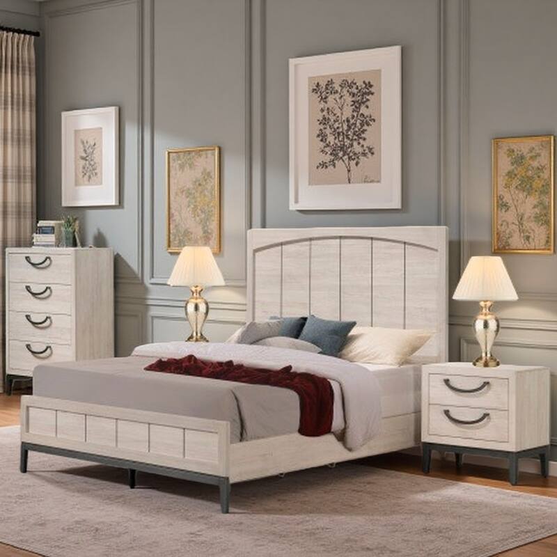 Modern Queen Size Wooden Bed Frame with Tall Headboard and Low Footboard, Slat Support Included - Beige+White