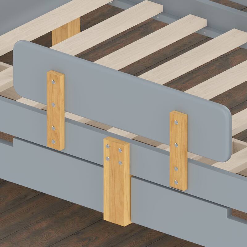 Twin/Full Wood Platform Bed with Storage Drawers, Guardrail, Shelf & Hooks, Solid Wood Frame, No Box Spring Needed