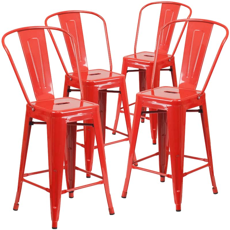 Indoor/Outdoor Modern Metal Counter Height Stools with Footrests (Set of 4) - Red