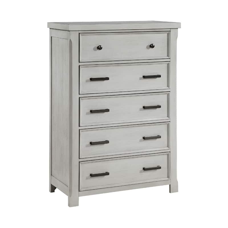 Brok Tall Dresser Chest, 5 Drawer Black Bar Handles, Light Gray Acacia