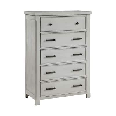 Brok Tall Dresser Chest, 5 Drawer Black Bar Handles, Light Gray Acacia