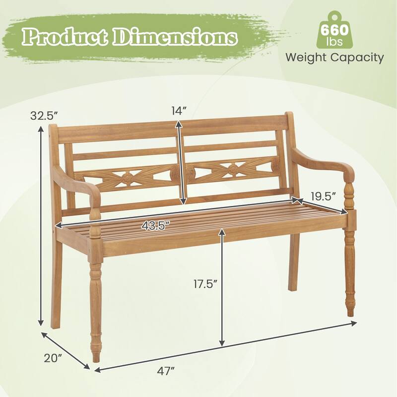 Teak Wood Patio Bench for 2 with Comfortable Backrest & Armrests - 47" L x 20" W x 32.5" H