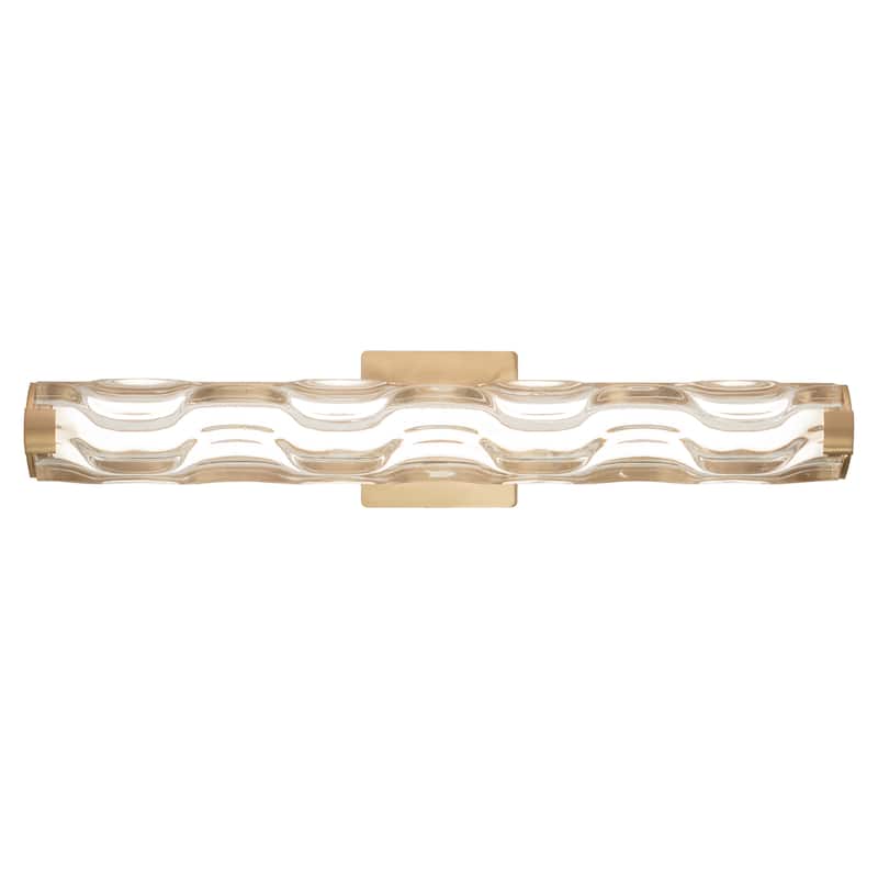 Marseille 1-Light Bathroom Vanity Lighting Fixture, Clear Wave Glass Shade, Dimmable, Integrated LED, Wall Mounted Sconce - 24-in W x 4.75-in H x 3.5-in D - Natural Brass
