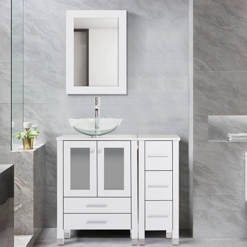 36" Bathroom Vanity with Sink Set Side Cabinet - White - W-Glass clear round sink