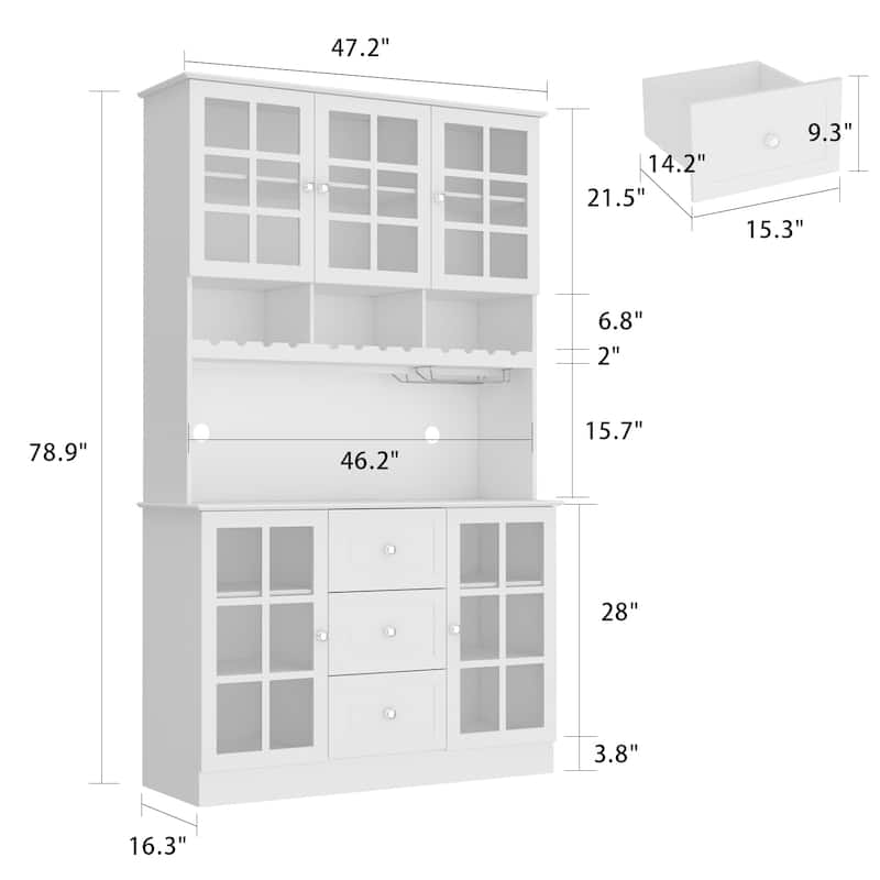 78.9"Large Kitchen Hutch Cabinet Kitchen Pantry Cabinet Bookcase Glass