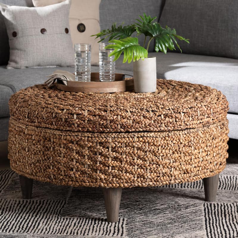 Bailey Handwoven Seagrass Storage Ottoman with Lift-Top - Rustic Wicker Trunk or Footrest for Living Room or Entryway