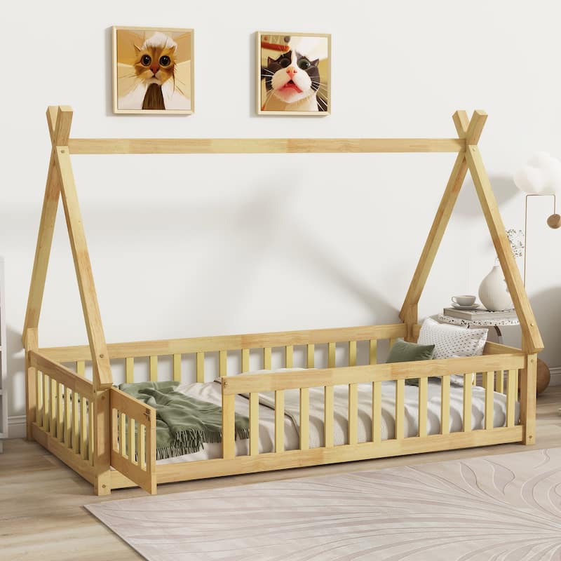 Twin Tent-shaped Floor Bed, Teepee Bed with Guardrails, Slats and Door