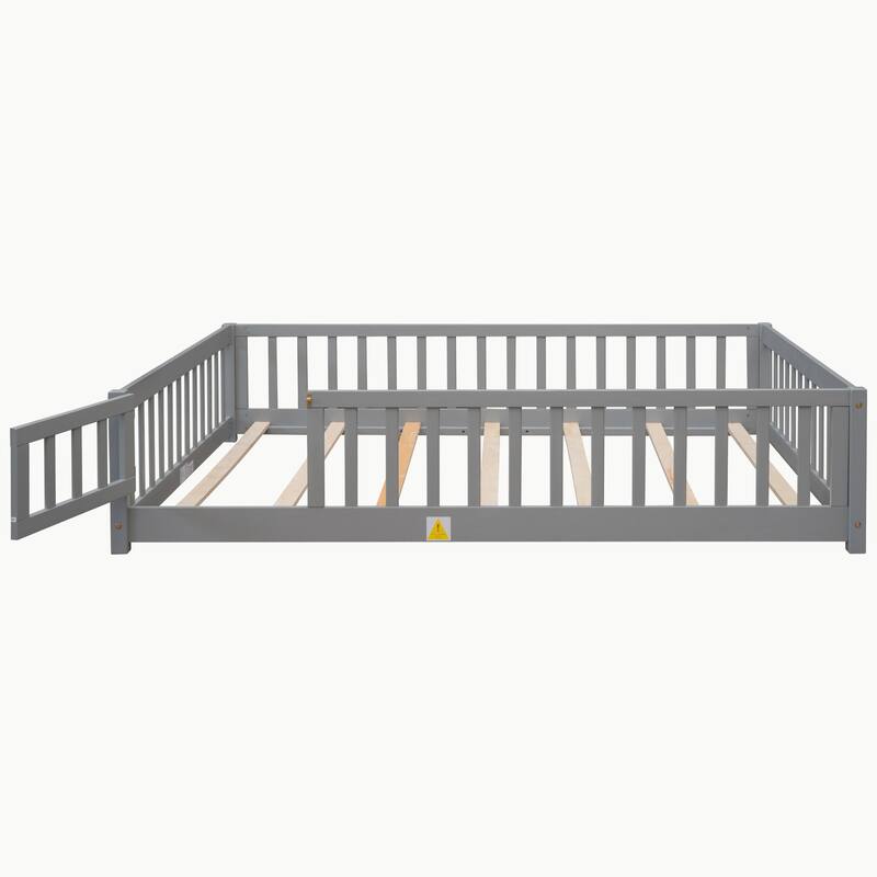 Pine Wood Floor Platform Bed with Fence and Door