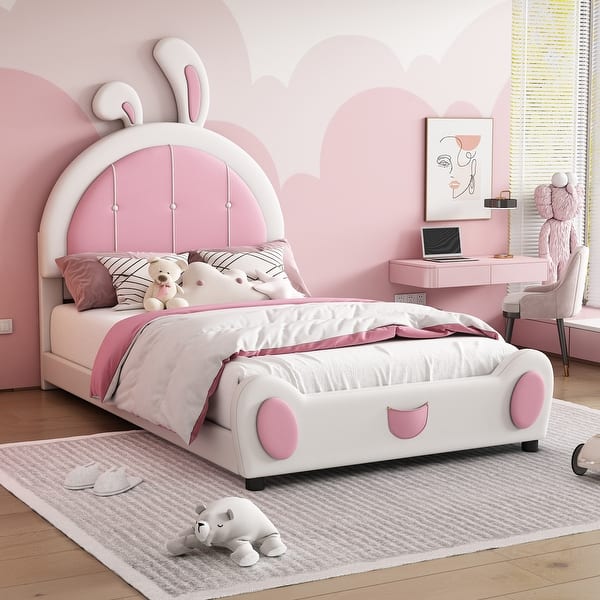 slide 2 of 12, Twin Size Upholstered Platform Bed with Rabbit Shaped Headboard in Pink White