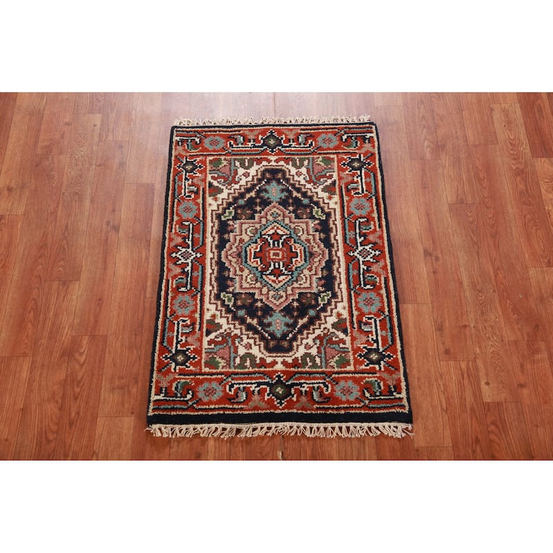 Hand Knotted Oriental 100% Wool Carpet Traditional Medallion Navy Blue & Blues Heriz (serapi) Area Rug - 3' 0'' X 2' 0''