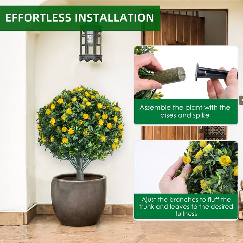 2 FT Artificial Topiary Flower Ball Trees with Ground Spike, Set of 2 Fake Rose Flowers Shrubs with Stake for Outdoor
