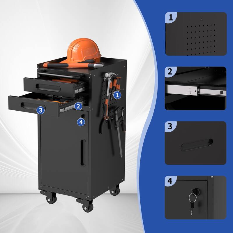 34.3" Narrow Rolling Tool Cabinet - Space-Saving Garage Storage with Lockable Door, 2 Drawers and Large Handle