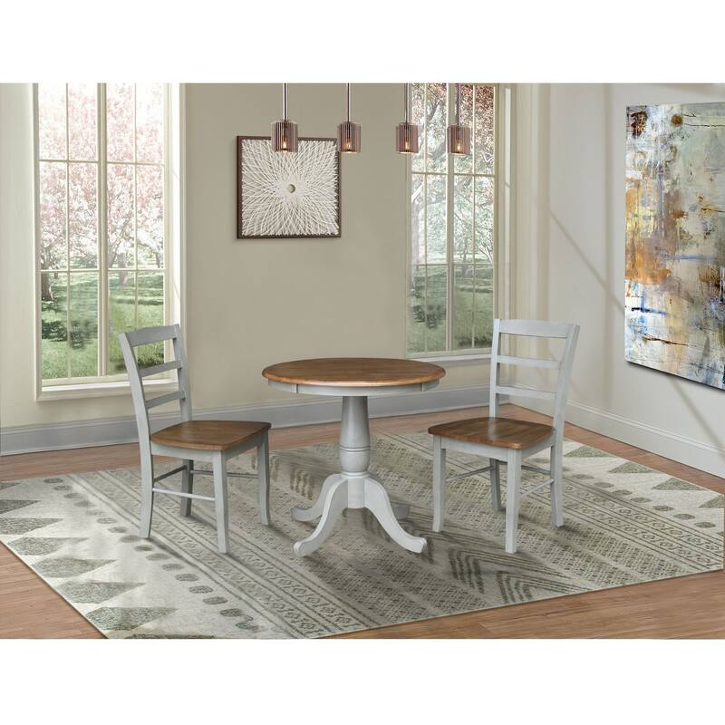 30" Round Pedestal Dining Table with 2 Madrid Ladderback Chairs - 3 Piece Dining Set - Distressed Hickory/Stone