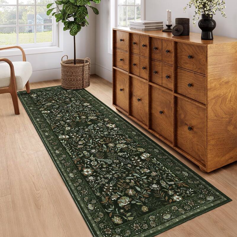 Botanical Area Rugs for Living Room Floral Leaves Pattern Rug Washable Farmhouse Soft Non-Slip Accent Carpet - 2'x6' - Dark Green