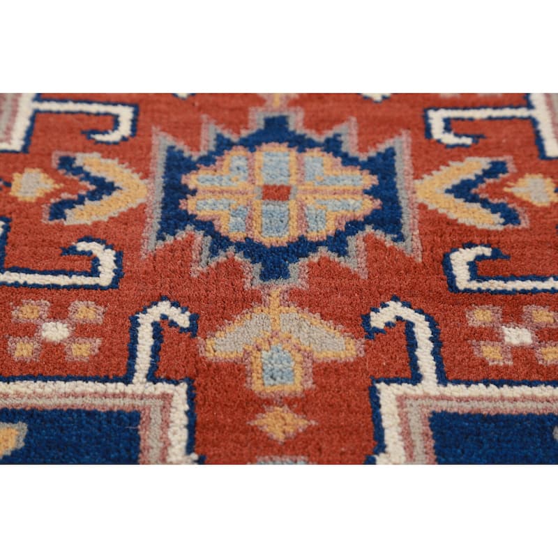 Hand Knotted Oriental 100% Wool Carpet Traditional Geometric Navy Blue & Blues Kazak Runner Rug - 7' 9'' X 2' 7''