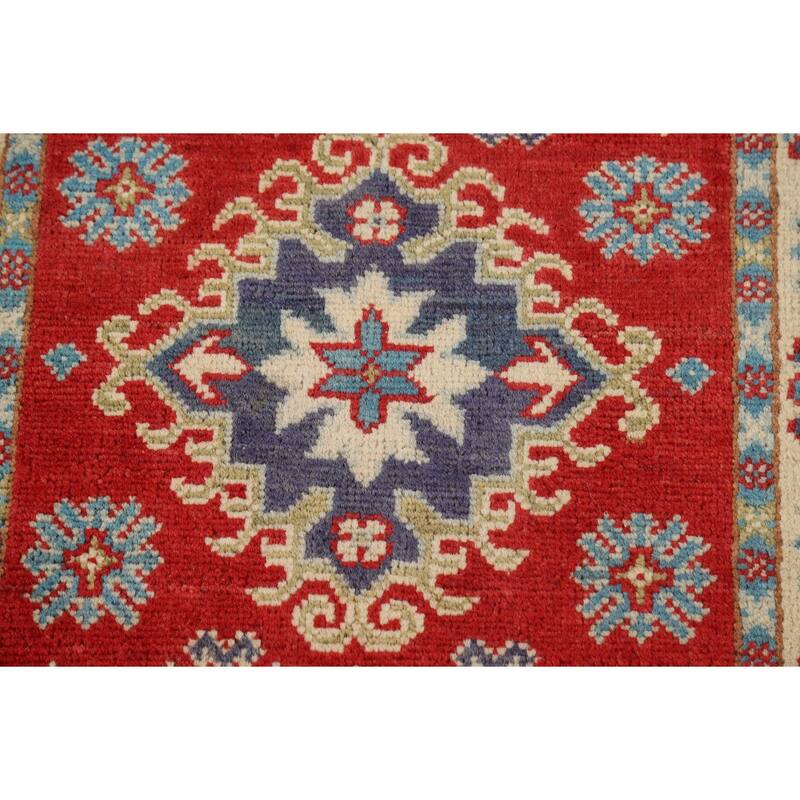 Red Geometric Kazak Foyer Rug Hand-Knotted Traditional Wool Carpet - 2'0" x 3'0"