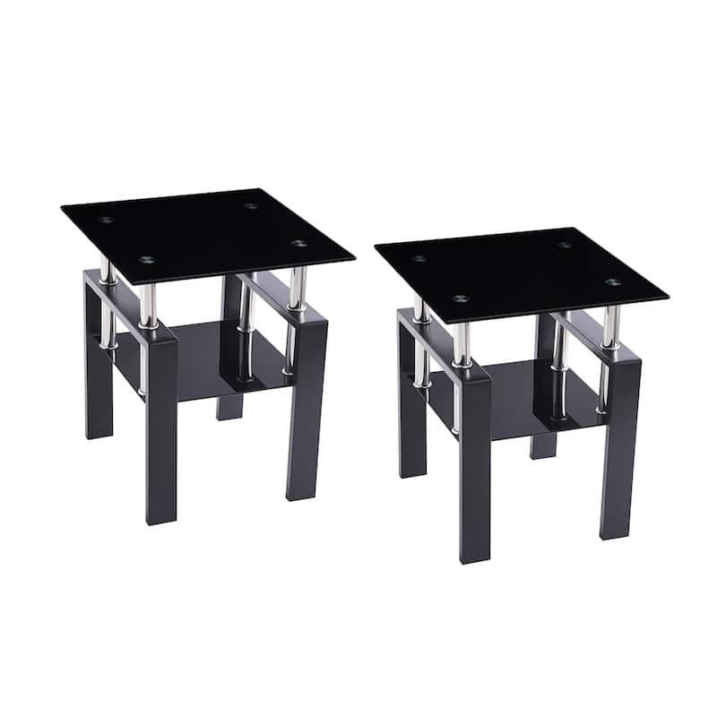2-Piece Tempered Black Glass Sofa Table, Black Noghtstand with Metal Leg for Living Room - Black