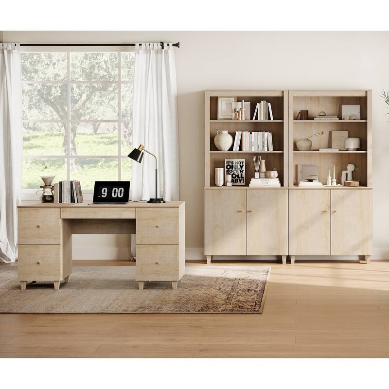 WAMPAT Home Office Furniture Set, 58" Executive Desk with Drawers, 2-Column 71" Tall Bookcase with Doors and Adjustable Shelves