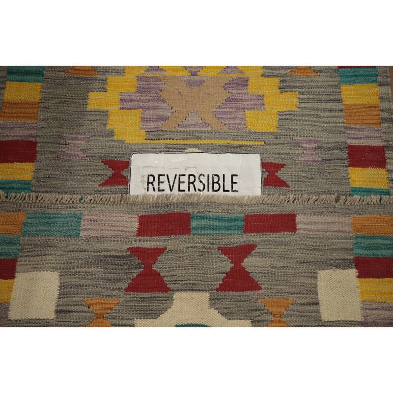 Hand Woven Oriental 100% Wool Carpet Southwestern Tribal Greys & Charcoal Kilim Runner Rug - 9' 8'' X 2' 8''
