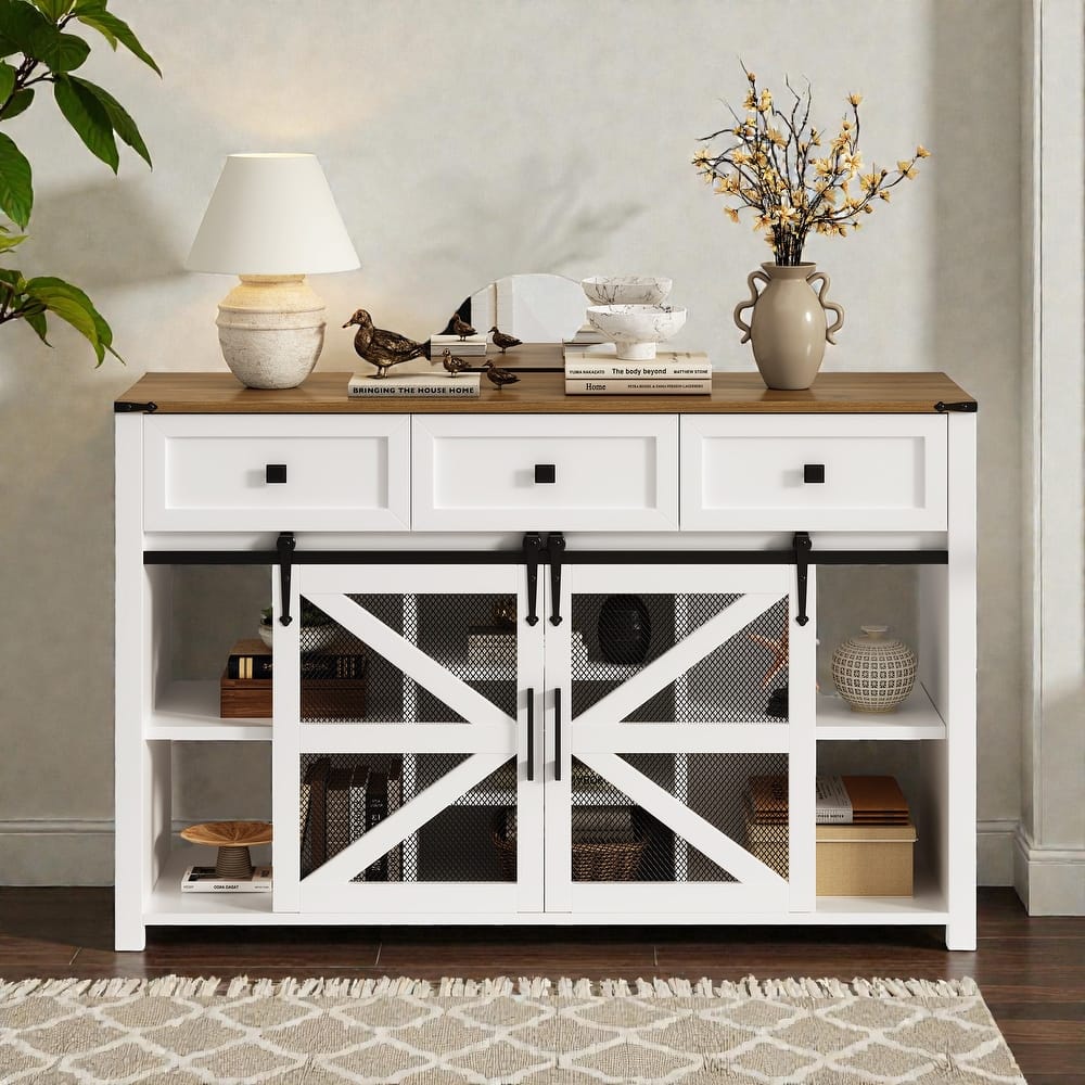 55" Sliding Barn Door Sideboard Buffet with 3 Drawers, Adjustable Shelves, Metal Mesh Doors & Aluminum Handles