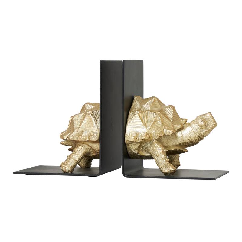 CosmoLiving by Cosmopolitan Brass Polystone Turtle Decorative Bookends with Black Stands (Set of 2)