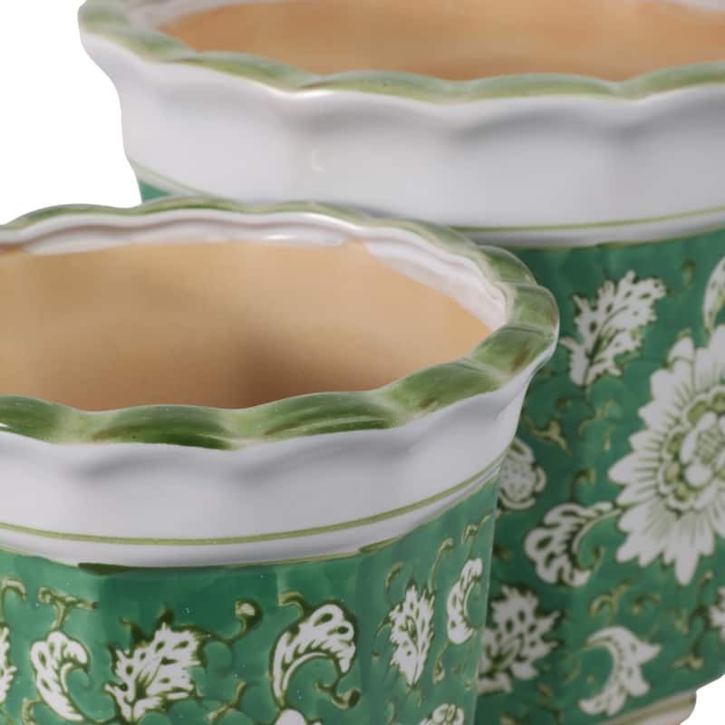 Ceramic Planters Embossed Bird Floral Detailing Scalloped (Set of 2)