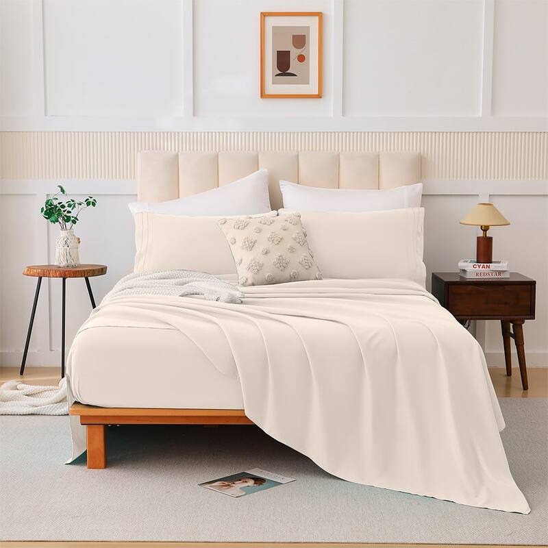 Shatex Soft Skin-Friendly 4-Piece Deep pocket Bed Sheet Set - Off-White - Queen