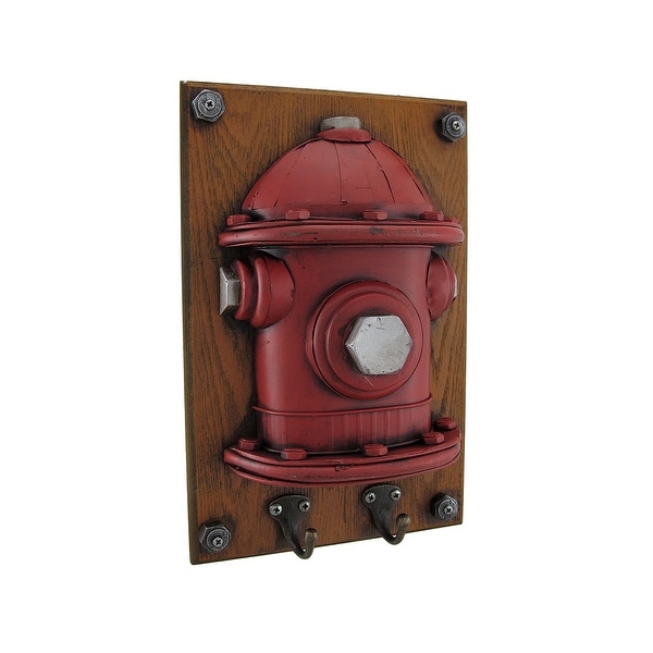 Red Metal Fire Hydrant Wood Wall Plaque w/Hooks - 12.5 X 8 X 3.5 inches