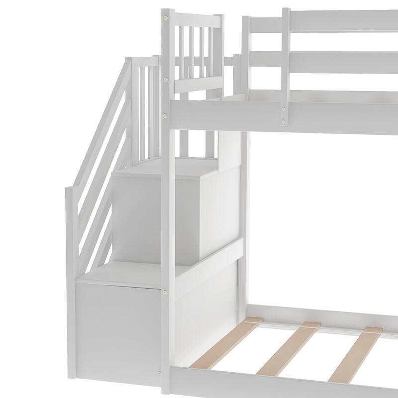 Twin Over Twin Floor Bunk Bed with Slide, Stairway with Storage